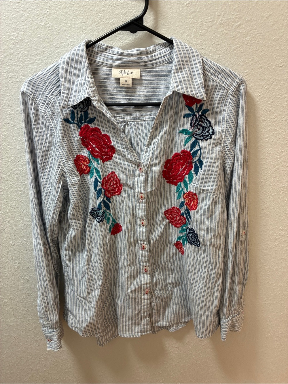 Style & Co. Blue & White Stripe Button-Down Top with Red Floral Embroidery